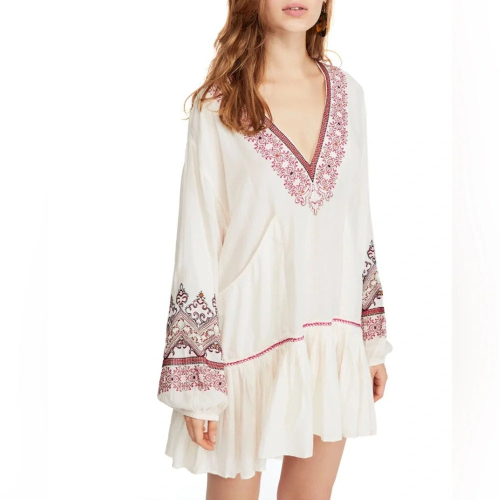 Free People Cream Mini Dress with Pink Embroidered Trim